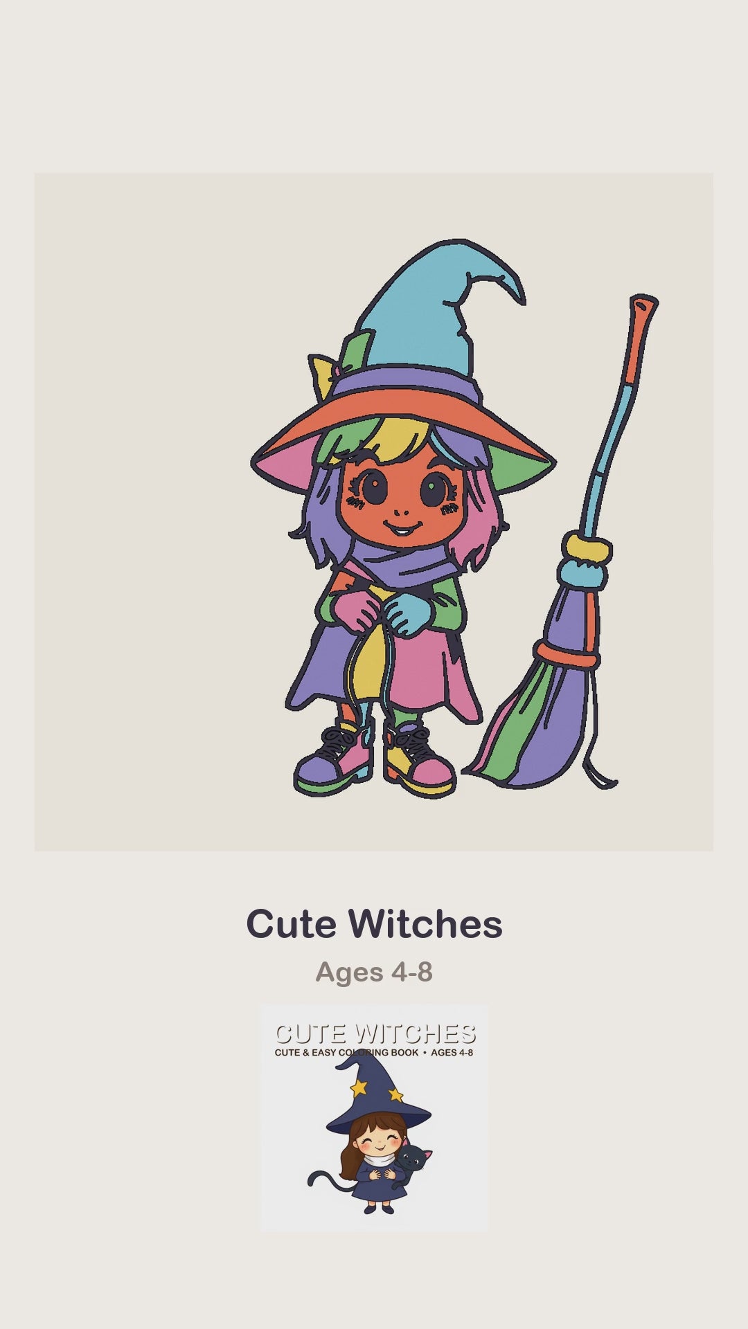 A Cute Witches coloring page being coloured in, page by page, by a coloured pencil