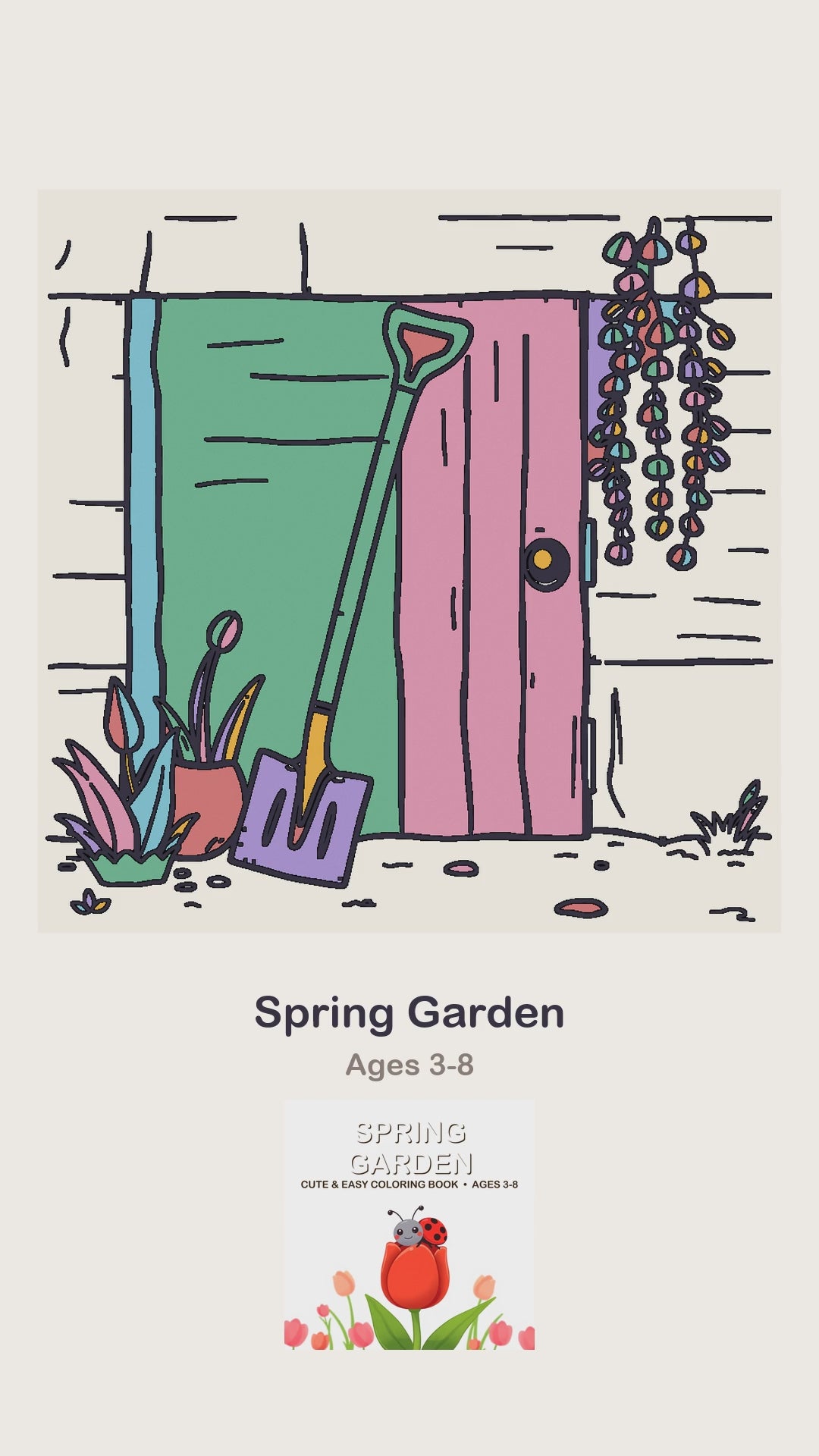 A Spring Garden coloring page being coloured in, page by page, by a coloured pencil