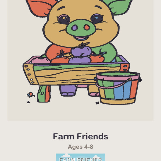 A Farm Friends coloring page being coloured in, page by page, by a coloured pencil