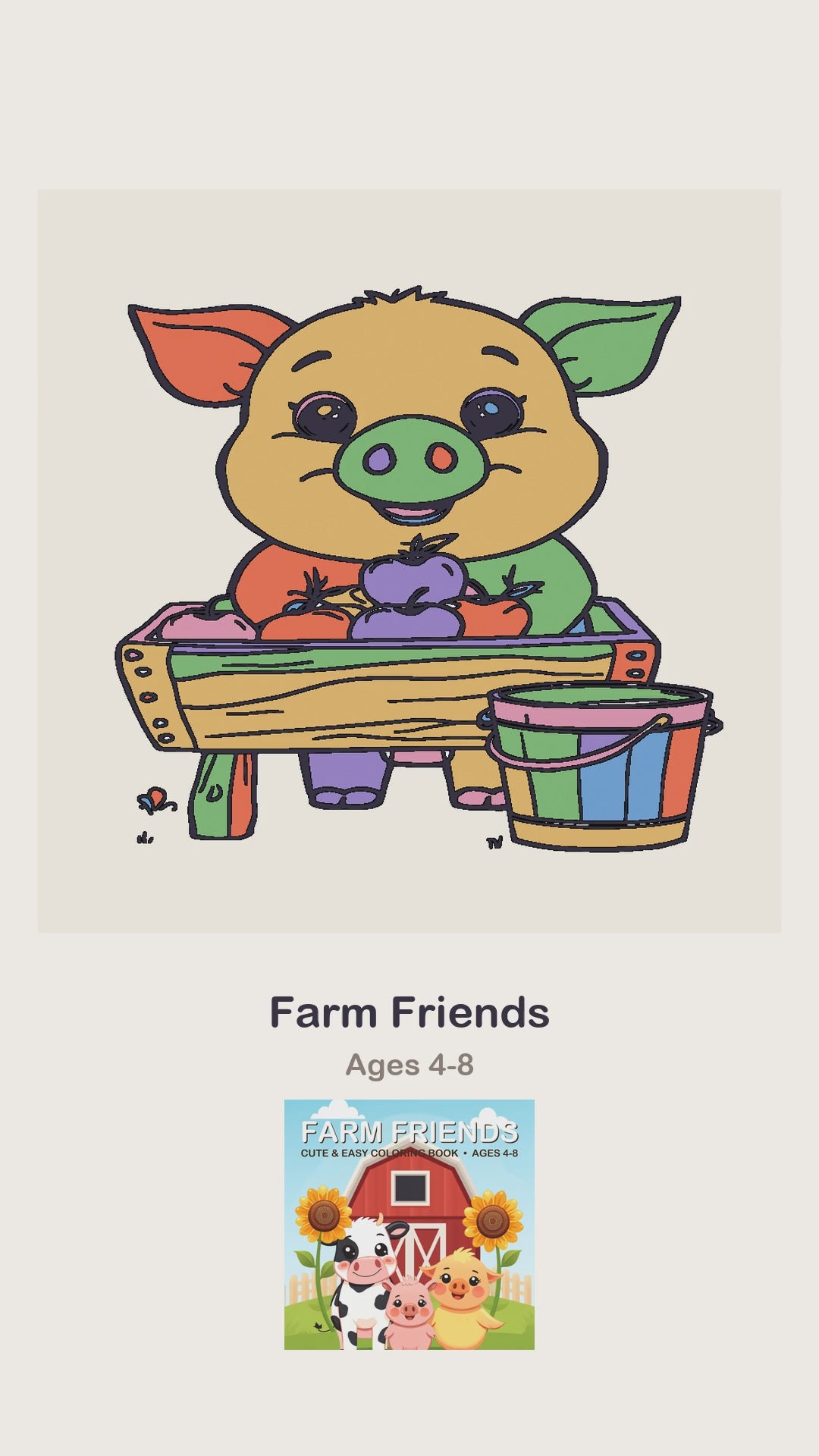A Farm Friends coloring page being coloured in, page by page, by a coloured pencil