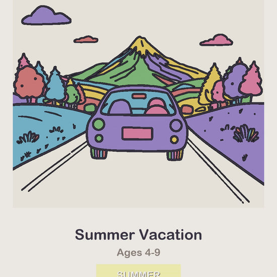 A Summer Vacation coloring page being coloured in, page by page, by a coloured pencil