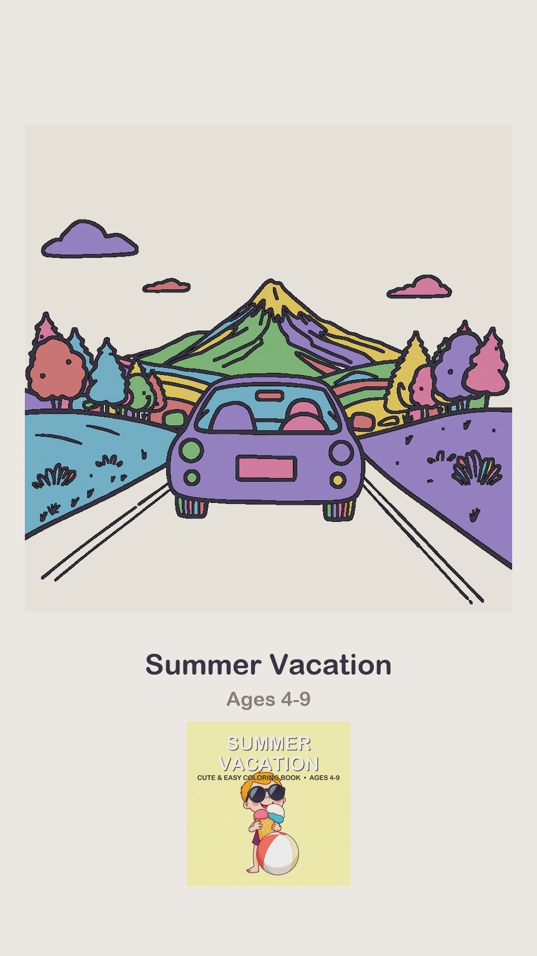 A Summer Vacation coloring page being coloured in, page by page, by a coloured pencil