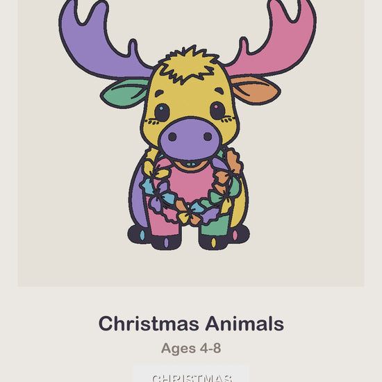 A Christmas Animals coloring page being coloured in, page by page, by a coloured pencil