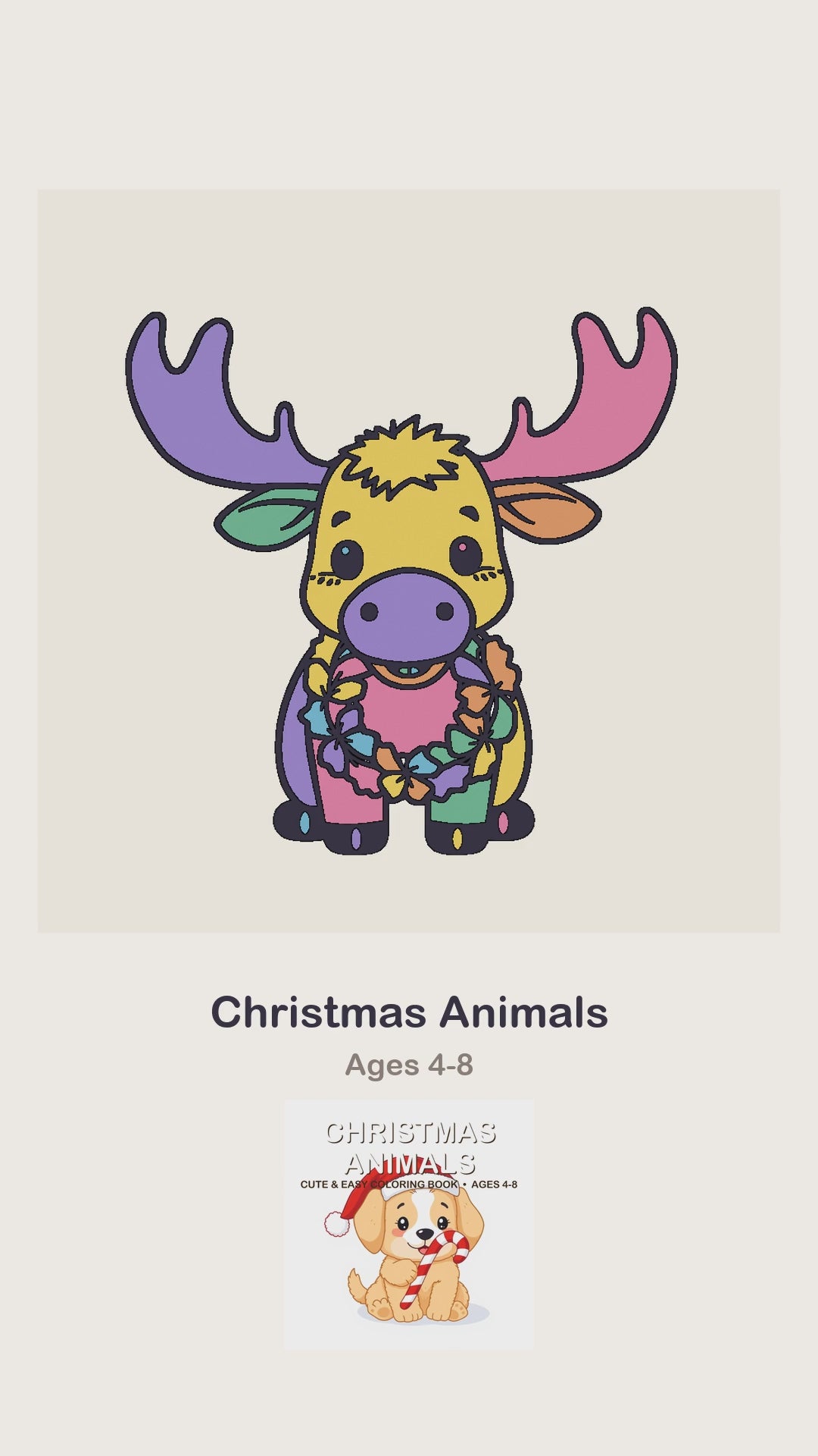 A Christmas Animals coloring page being coloured in, page by page, by a coloured pencil