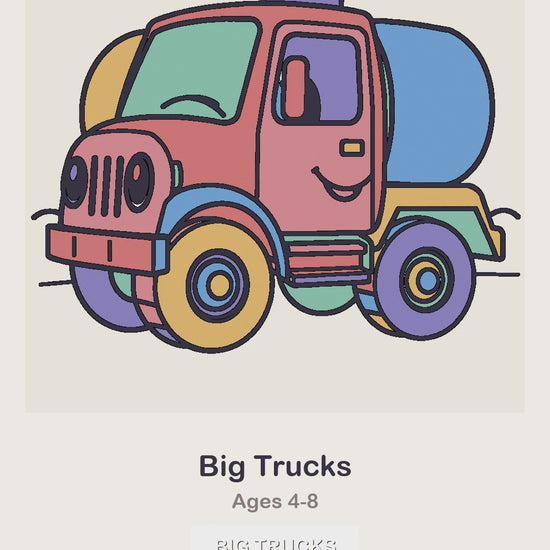 A Big Trucks coloring page being coloured in, page by page, by a coloured pencil