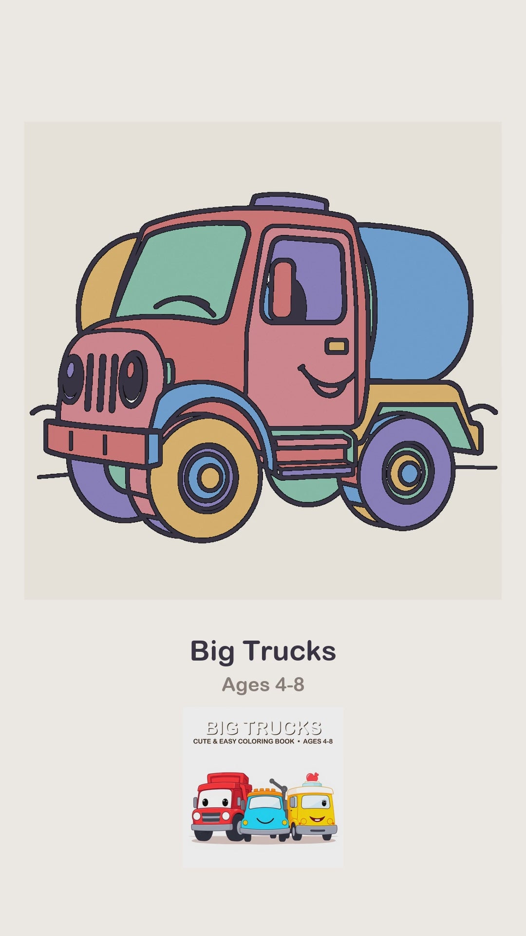 A Big Trucks coloring page being coloured in, page by page, by a coloured pencil