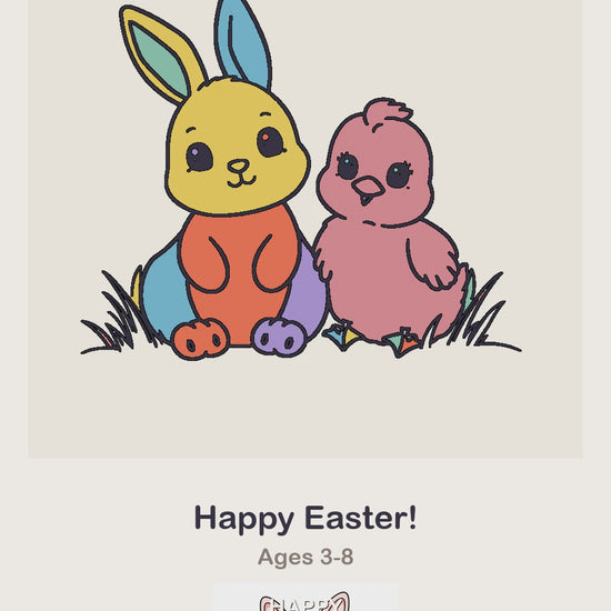 A Happy Easter coloring page being coloured in, page by page, by a coloured pencil