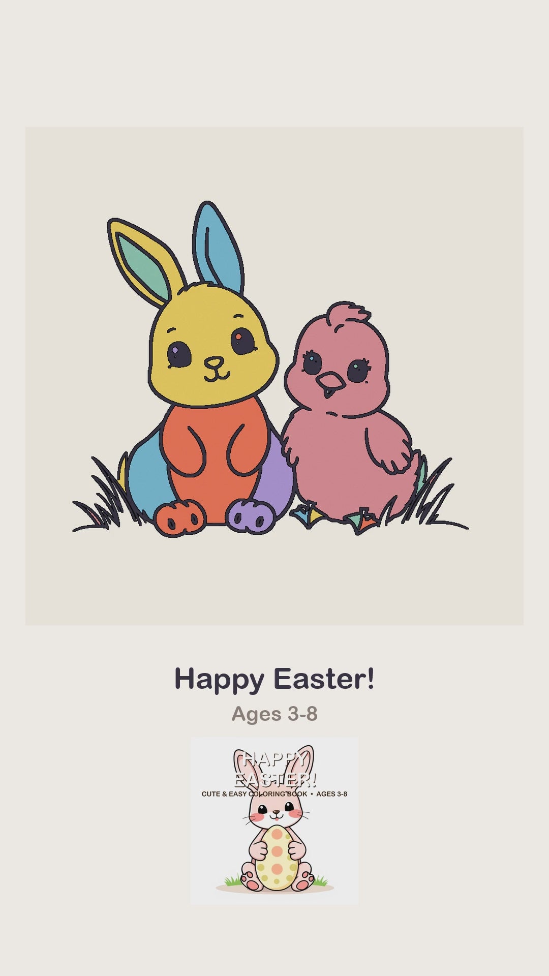 A Happy Easter coloring page being coloured in, page by page, by a coloured pencil