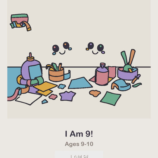 An I Am 9 birthday coloring page being coloured in, page by page, by a coloured pencil