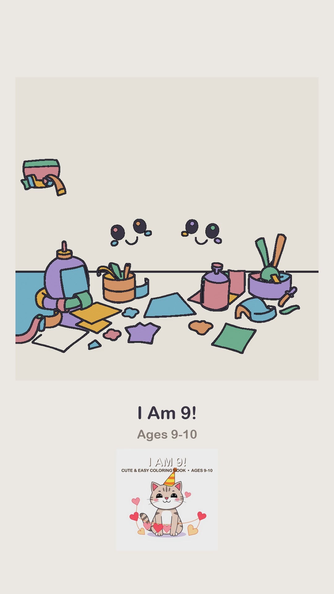 An I Am 9 birthday coloring page being coloured in, page by page, by a coloured pencil