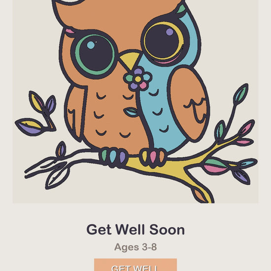 A Get Well Soon coloring page being coloured in, page by page, by a coloured pencil