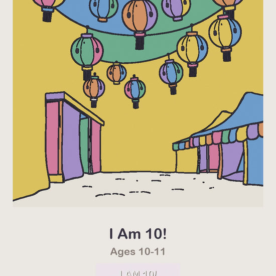 An I Am 10 birthday coloring page being coloured in, page by page, by a coloured pencil