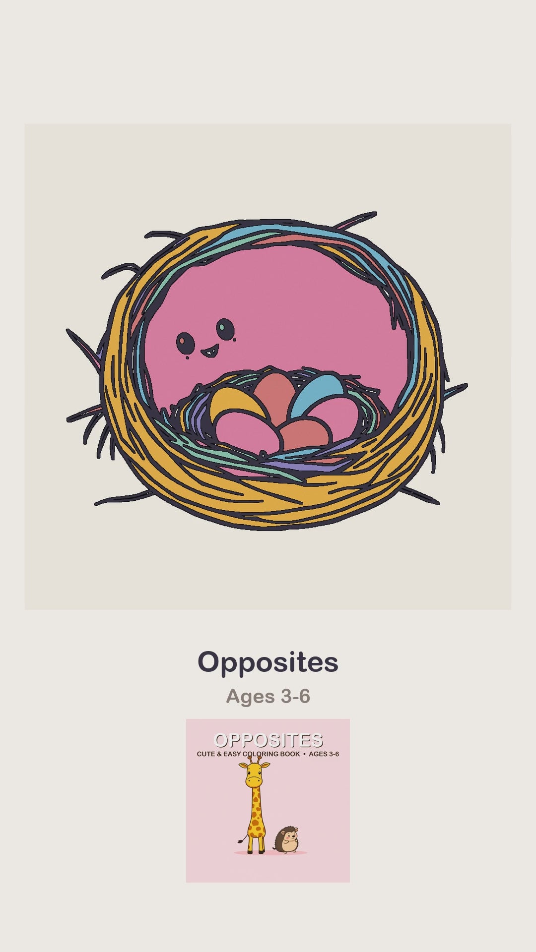 An Opposites coloring page being coloured in, page by page, by a coloured pencil