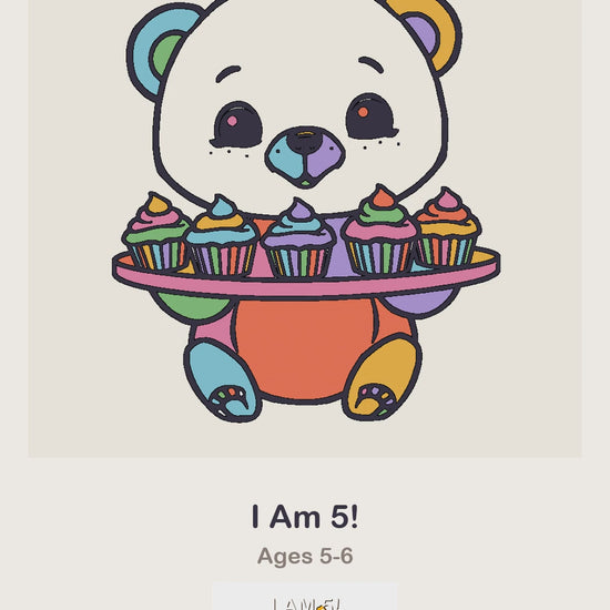 An I Am 5 birthday coloring page being coloured in, page by page, by a coloured pencil