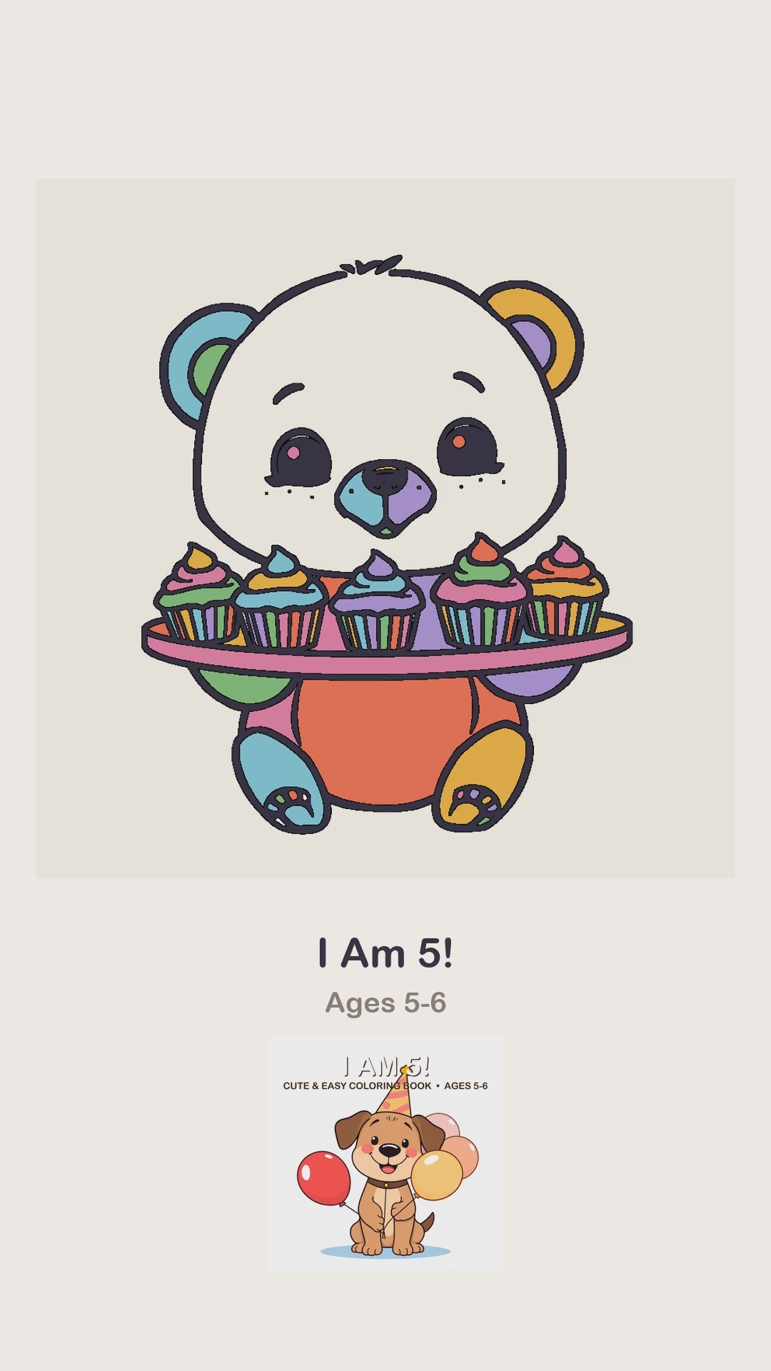 An I Am 5 birthday coloring page being coloured in, page by page, by a coloured pencil