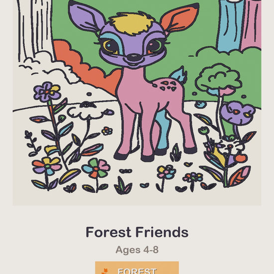 A Forest Friends coloring page being coloured in, page by page, by a coloured pencil