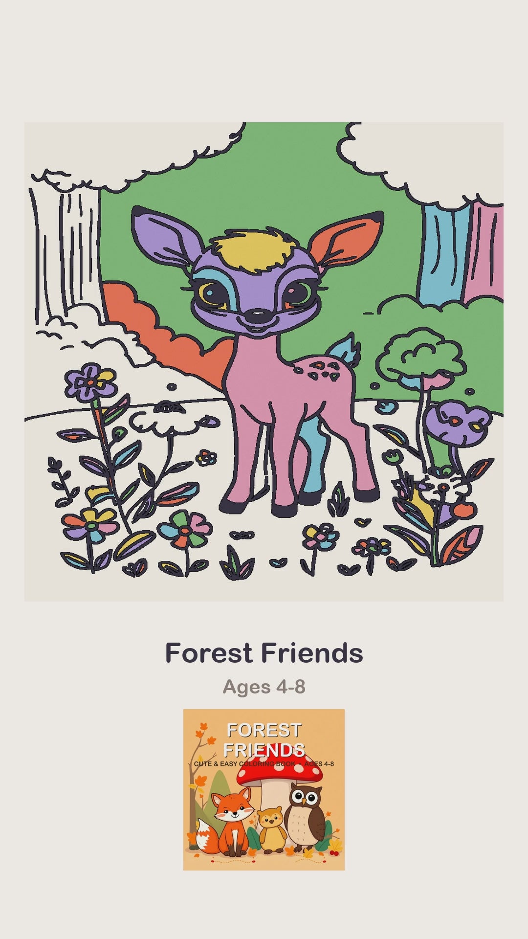 A Forest Friends coloring page being coloured in, page by page, by a coloured pencil