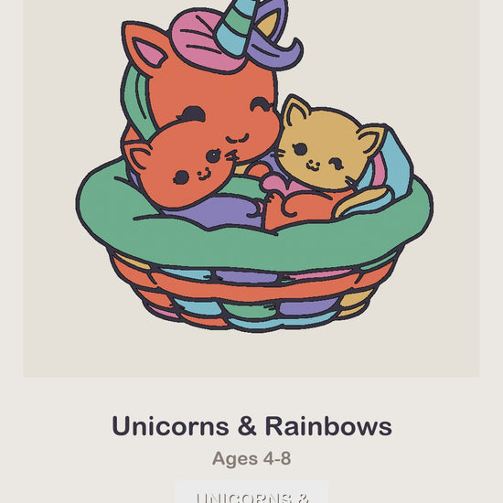 A Unicorns and Rainbows coloring page being coloured in, page by page, by a coloured pencil