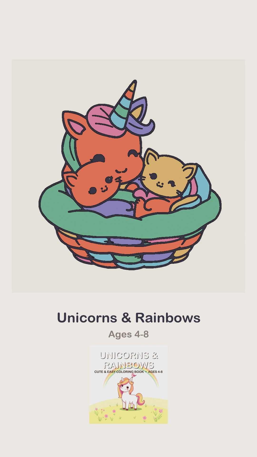 A Unicorns and Rainbows coloring page being coloured in, page by page, by a coloured pencil