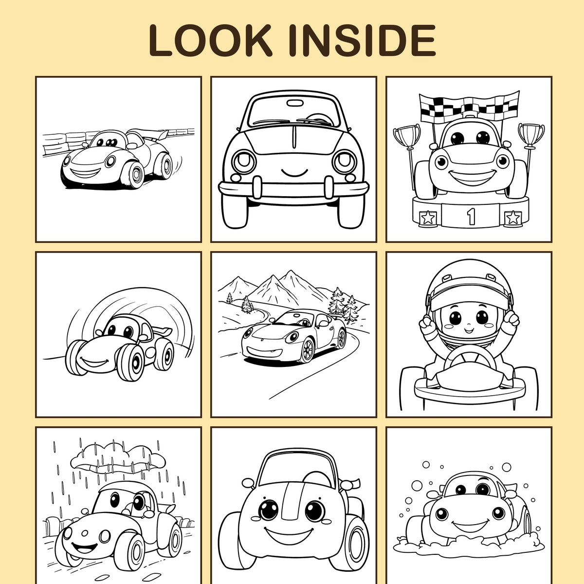 Look inside Race Cars: a sample coloring page with thick, bold outlines