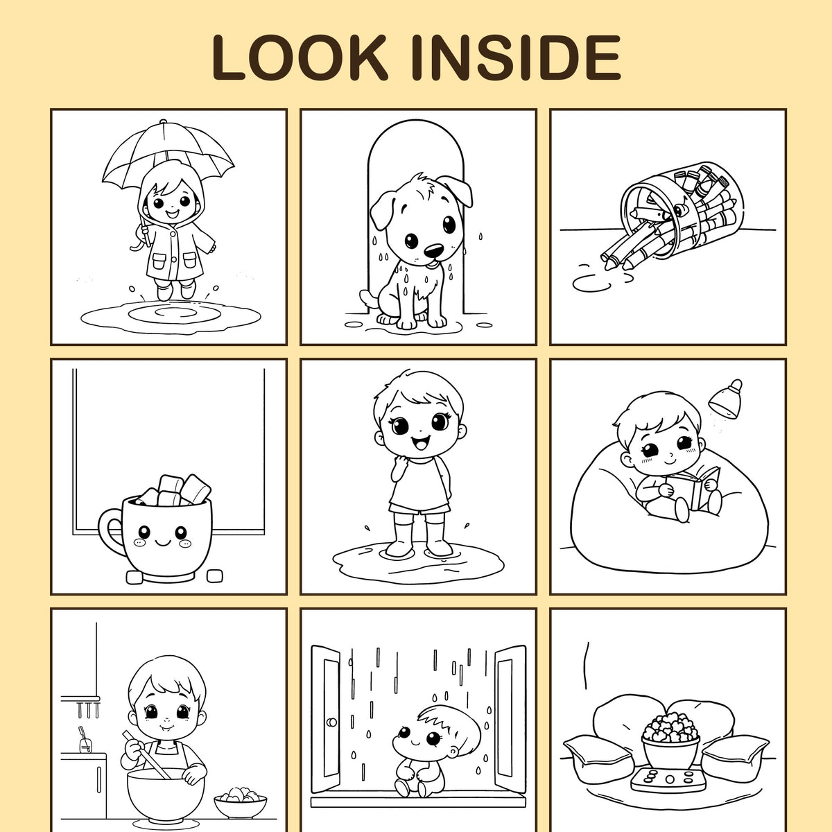 Look inside Rainy Day Indoors: a sample coloring page with thick, bold outlines