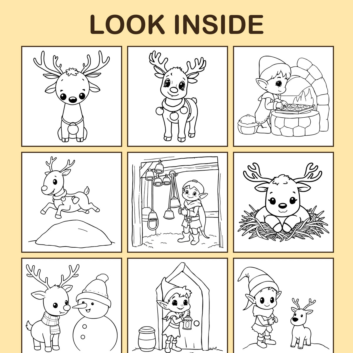 Look inside Reindeer & Elves: a sample coloring page with thick, bold outlines