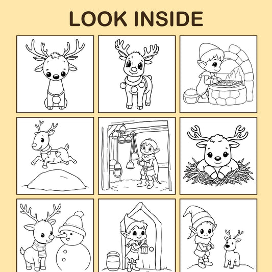 Look inside Reindeer & Elves: a sample coloring page with thick, bold outlines