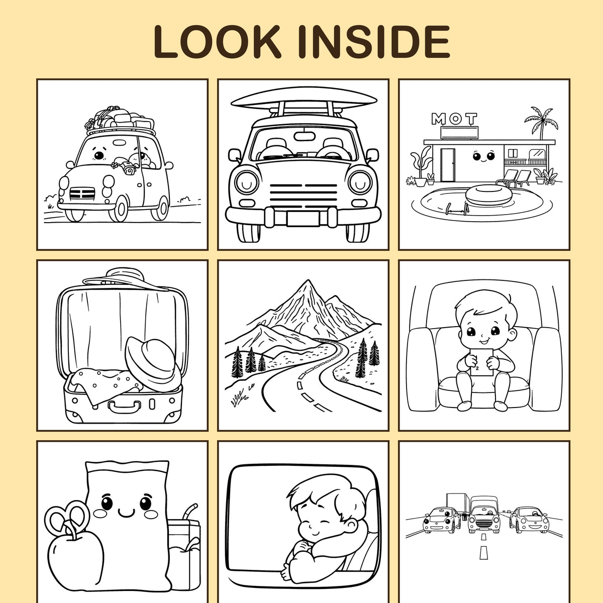Look inside Road Trip!: a sample coloring page with thick, bold outlines