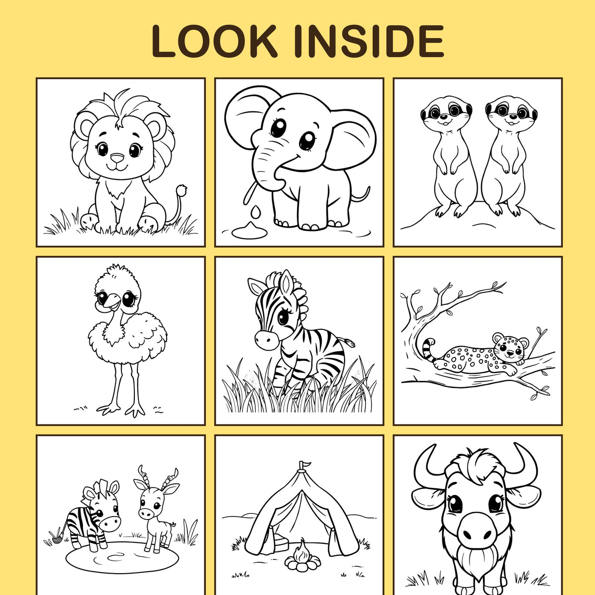 Look inside Safari Friends: a sample coloring page with thick, bold outlines