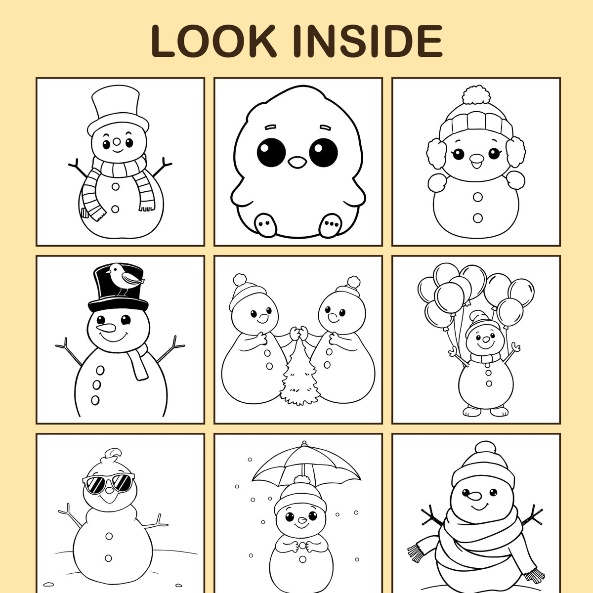Look inside Snowman Party: a sample coloring page with thick, bold outlines