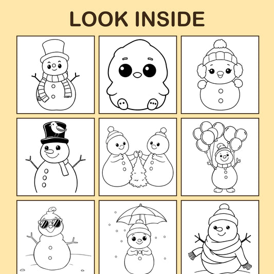 Look inside Snowman Party: a sample coloring page with thick, bold outlines