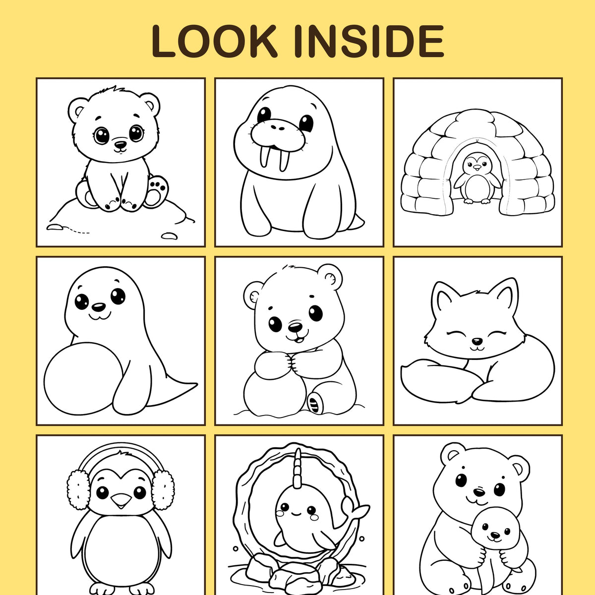 Look inside Snowy Friends: a sample coloring page with thick, bold outlines