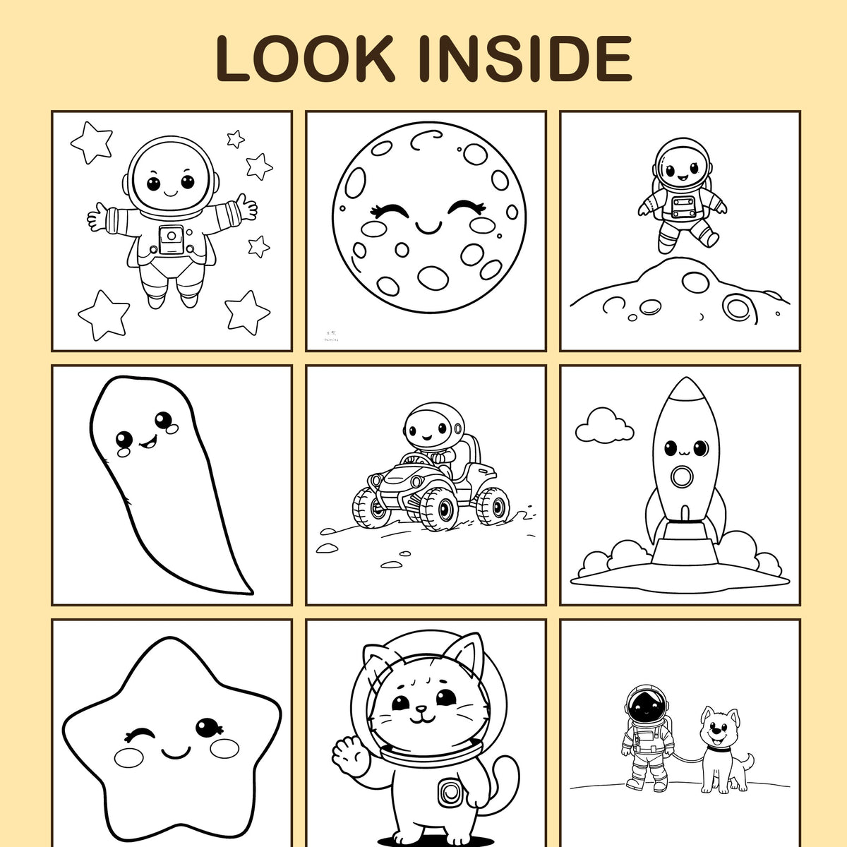 Look inside Space & Rockets: a sample coloring page with thick, bold outlines