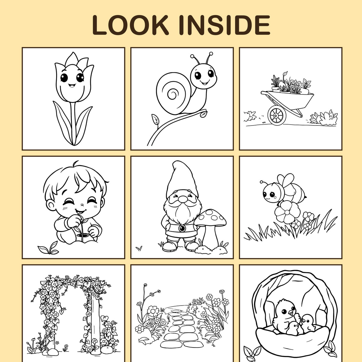 Look inside Spring Garden: a sample coloring page with thick, bold outlines