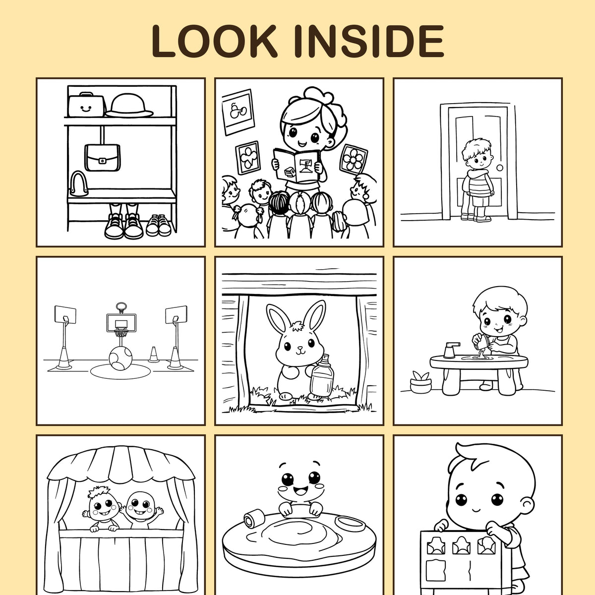 Look inside Starting Kindergarten: a sample coloring page with thick, bold outlines