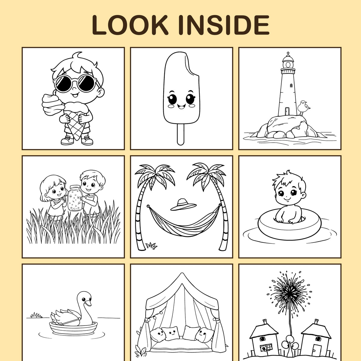 Look inside Summer Vacation: a sample coloring page with thick, bold outlines