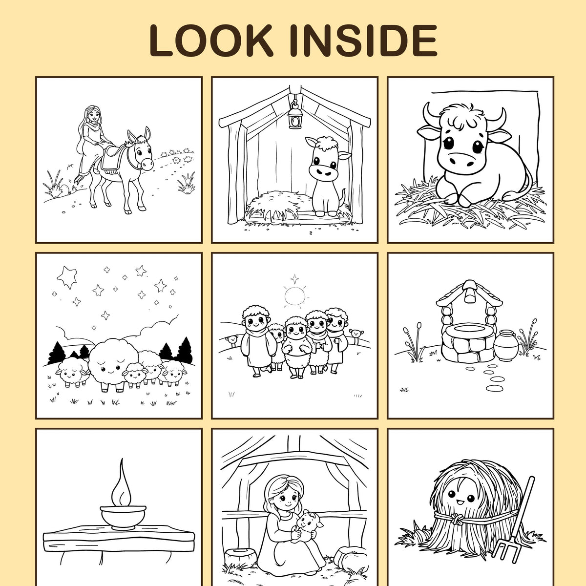 Look inside The Nativity: a sample coloring page with thick, bold outlines