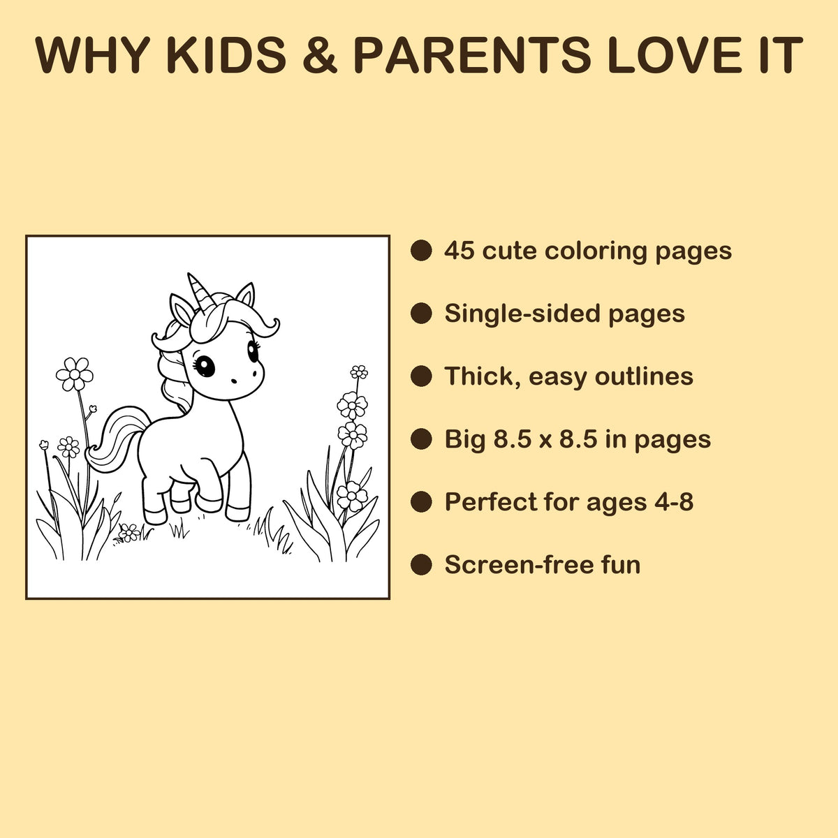 Unicorns & Rainbows features: 45 single-sided pages, 8.5 x 8.5 inches, ages 4-8