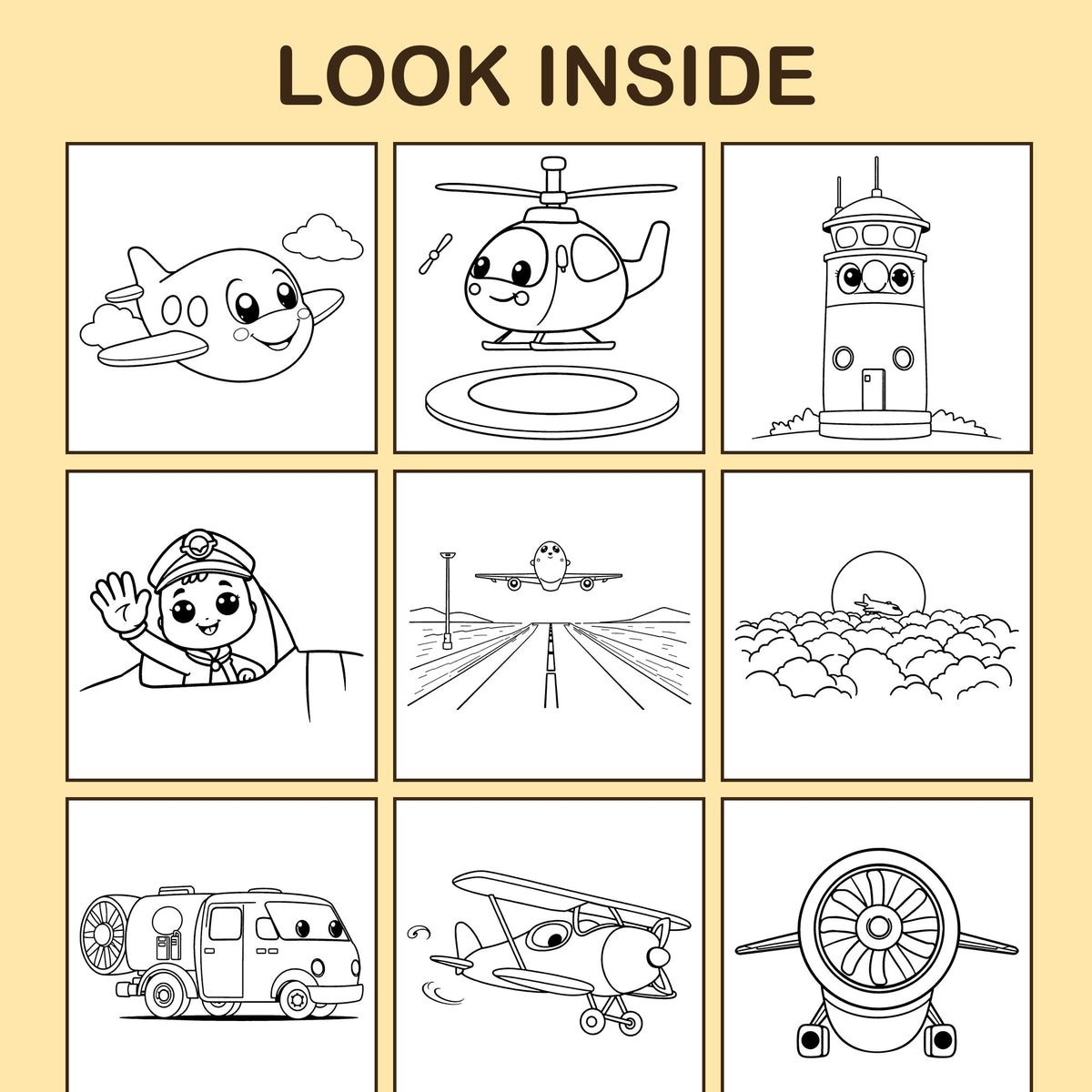 Look inside Up in the Airplane: a sample coloring page with thick, bold outlines